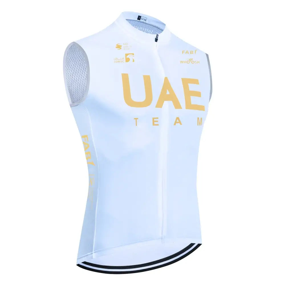 Colete de Ciclismo Pro TEAM 2025 UAE Cycling Jersey Masculina - Respirável e Cortavento - Branco / Dourado / M
