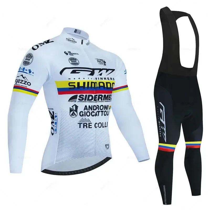 Conjunto Ciclismo Inverno Manga Comprida - Camisola + Calças Suspensórios GW Columbia - Branco Campeão / S - Roupas