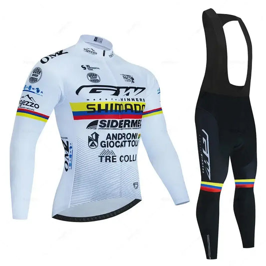Conjunto Ciclismo Inverno Manga Comprida - Camisola + Calças Suspensórios GW Columbia - Branco Campeão / S - Roupas