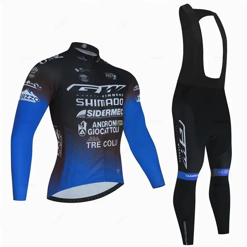 Conjunto Ciclismo Inverno Manga Comprida - Camisola + Calças Suspensórios GW Columbia - Azul Racing / S - Roupas