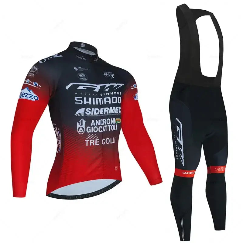 Conjunto Ciclismo Inverno Manga Comprida - Camisola + Calças Suspensórios GW Columbia - Vermelho Racing / S - Roupas