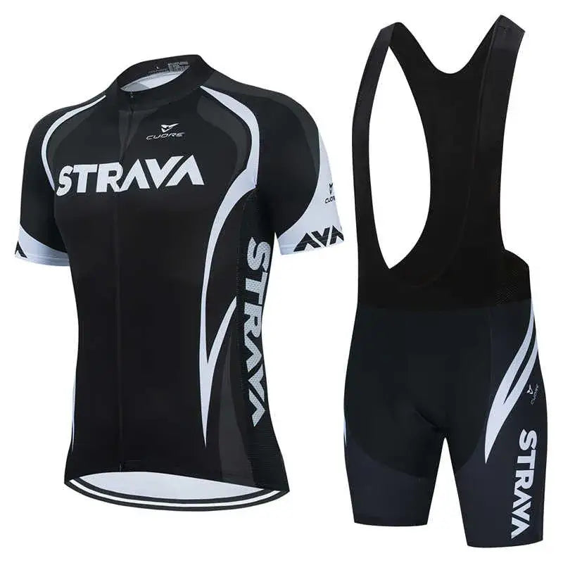 Strava Pro Verão 2025 – Conjunto Ciclismo MTB & Estrada Masculino | Respirável e de Alta Performance - Preto Branco / XS