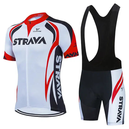 Strava Pro Verão 2025 – Conjunto Ciclismo MTB & Estrada Masculino | Respirável e de Alta Performance - Branco Vermelho